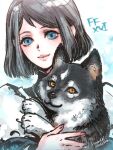  1girl animal blue_eyes closed_mouth copyright_name dog eyelashes final_fantasy final_fantasy_xvi fingernails grey_hair grey_wolf holding holding_animal jill_warrick leki_ixion looking_at_viewer orange_eyes pink_lips puppy short_hair smile solo torgal_(ff16) twitter_username upper_body wolf 