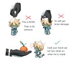  black_gloves blonde_hair checkmark clothed_robot disembodied_limb english_text food fruit gloves guilty_gear guilty_gear_xrd guilty_gear_xx how_to_hold_x_(meme) humanoid_robot key_in_head lifting_person long_sleeves male_focus meme metal_skin mini_person miniboy object_through_head orange_(fruit) robo-ky robot short_hair sorrysap squeezing winding_key x 
