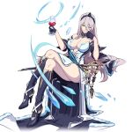  1girl bare_legs bare_shoulders black_tiara boots breasts choker cleavage cup drink drinking_glass ekaterina_(honkai_impact) full_body gloves grey_hair high_heel_boots high_heels holding holding_cup holding_drink honkai_(series) honkai_impact_3rd ice long_hair official_art one_eye_closed sheath sheathed sitting smirk sword third-party_source transparent_background weapon wine_glass yellow_eyes 