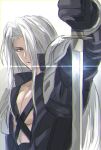  1boy advent-lezard armor black_gloves black_jacket chest_strap final_fantasy final_fantasy_vii gloves grey_eyes grey_hair hair_over_one_eye highres holding holding_sword holding_weapon jacket long_bangs long_hair long_sleeves looking_at_viewer male_focus sephiroth shoulder_armor sketch slit_pupils solo sword weapon 