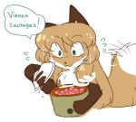  anthro averi_(fiddleafox) blush bowl canid canine container female fiddleafox food fox green_eyes happy mammal meat sausage simple_background solo tail tail_motion tailwag 