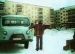  1boy apartment artist_name box brown_jacket building jacket leaning_on_object lonesomnia looking_to_the_side motor_vehicle original signature sky snow solo steering_wheel uaz-2206 van wheel white_sky window 