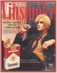  1boy absurdres artist_name asymmetrical_bangs black_pants blonde_hair buttons character_name cigarette cigarette_pack closed_mouth curly_eyebrows english_text facial_hair formal hair_over_one_eye highres holding holding_cigarette jacket jolly_roger male_focus marlboro necktie one_eye_covered one_piece open_clothes open_jacket pants parted_bangs realistic sanji_(one_piece) shirt short_hair sitting smoke solo suit vinutun yellow_shirt 