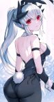  1girl alternate_costume animal_ears ass backless_leotard bare_shoulders black_leotard black_pantyhose blush dragon_girl dragon_horns fake_animal_ears fake_tail fate/grand_order fate_(series) from_behind highres horns kiyohime_(fate) leotard long_hair looking_at_viewer looking_back morizono_shiki pantyhose playboy_bunny ponytail rabbit_ears rabbit_tail red_eyes smile solo tail white_hair 