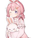  1girl animal_ears blush braided_hair_rings carrot_hair_ornament fake_animal_ears food-themed_hair_ornament hair_ornament headband highres long_hair nightgown nijisanji official_alternate_costume one_eye_closed pink_hair pink_nightgown purple_eyes simple_background smile solo stuffed_animal stuffed_rabbit stuffed_toy suo_sango suo_sango_(2nd_costume) tobun_sub virtual_youtuber white_background white_headband wide_sleeves 