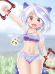  1girl animal_ears arm_up bikini blurry blurry_background blush breasts clenched_hands collarbone fang grey_hair highres jewelry looking_at_viewer medium_breasts mitsugashira_enoko necklace red_eyes sky solo swimsuit tail touhou winn 