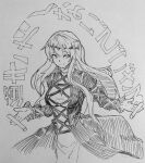  1girl breasts closed_mouth commentary cross-laced_clothes dress greyscale highres hijiri_byakuren kanaria_(bocmn) long_hair long_sleeves looking_at_viewer monochrome one-hour_drawing_challenge simple_background sketch smile solo sorcerer&#039;s_sutra_scroll touhou traditional_media 