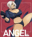  1girl abs angel_(kof) backless_pants blue_eyes bra breasts chaps cleavage cropped_jacket fingerless_gloves gloves hair_over_one_eye highres jacket large_breasts leather leather_jacket looking_at_viewer midriff navel panties pants short_hair smile snowcie solo strapless strapless_bra the_king_of_fighters the_king_of_fighters_xiv toned underwear white_hair 