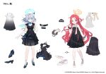  2girls alternate_costume animal_ears belt black_dress black_footwear blue_archive blue_eyes cross_hair_ornament dot_mouth dress forehead full_body grey_hair hair_ornament halo high_heels long_hair mismatched_pupils multiple_girls nuudoru official_art parted_bangs red_hair reference_sheet shiroko_(blue_archive) short_hair very_long_hair white_footwear wolf_ears yuzu_(blue_archive) 