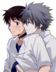  2boys black_choker blue_eyes blue_shirt blush brown_hair choker closed_mouth collarbone collared_shirt grey_hair hair_between_eyes ikari_shinji looking_at_another male_focus multiple_boys nagisa_kaworu neon_genesis_evangelion red_eyes shirt short_hair short_sleeves simple_background smile standing sweat sweatdrop t-shirt tousok white_background white_shirt yaoi 