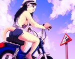  2023 anthro bottomwear breasts clothing cloudscape didelphid eyewear female fur hat headgear headwear hi_res hladilnik mammal marsupial marylin_(hladilnik) motorcycle road_sign shorts side_boob sign sky solo sunglasses vehicle white_body white_fur 