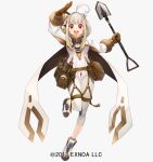  1girl :d ahoge arm_up belt blonde_hair brown_gloves full_body gloves highres hohle_(sennen_sensou_aigis) holding holding_shovel multicolored_hair official_art red_eyes sennen_sensou_aigis shoes short_hair_with_long_locks shovel smile sneakers solo standing standing_on_one_leg streaked_hair taicho128 utility_belt watermark white_background white_hair zipper 