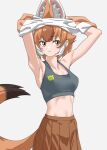 1girl animal_ear_fluff animal_ears armpits arms_up bra breasts brown_hair brown_skirt collarbone commentary dhole_(kemono_friends) dog_ears dog_girl dog_tail extra_ears grey_background grey_bra grey_sports_bra highres japari_symbol_print kemono_friends kemono_friends_3 looking_at_viewer medium_breasts midriff multicolored_hair parted_lips pleated_skirt short_hair simple_background skirt solo sports_bra tail tanabe_(fueisei) two-tone_hair underwear undressing white_hair yellow_eyes 