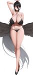  1girl arm_up bikini black_bikini black_choker black_feathers black_hair black_wings blue_archive breasts choker crossed_legs feathered_wings feathers female_pubic_hair full_body halo hasumi_(blue_archive) high_ponytail highres huge_breasts large_wings long_hair looking_at_viewer mole mole_under_eye parted_lips pubic_hair pubic_hair_peek red_eyes senju_(snz0) solo standing swimsuit thighs very_long_hair watson_cross wings 