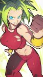  1girl abs artist_name blue_eyes breasts clenched_hand collarbone dragon_ball dragon_ball_super earrings green_hair hata4564 highres jewelry kefla_(dragon_ball) large_breasts looking_at_viewer midriff navel pants potara_earrings red_pants saiyan short_hair smile solo standing super_saiyan torn_clothes 
