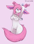 anthro areola blue_eyes breasts eeveelution english_text female fluffy fluffy_tail generation_6_pokemon genitals gesture hair hi_res nintendo nipples pink_body pink_hair pokemon pokemon_(species) pokemorph pose profanity pussy simple_background smile solo sylveon sylveonfuckoff tail text v_sign white_background white_body 