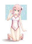  blue_eyes breasts chiyoda_momo closed_mouth collarbone covered_navel flip-flops full_body highres kneeling kuramoto_takato looking_at_viewer machikado_mazoku multicolored_clothes multicolored_swimsuit one-piece_swimsuit pink_hair pink_one-piece_swimsuit sandals scar short_hair simple_background small_breasts swimsuit white_one-piece_swimsuit 