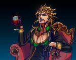  1boy alcohol black_gloves blonde_hair blood blood_on_face bug chair cup cupping_glass drinking_glass fangs giorno_giovanna gloves green_eyes hair_ornament half_gloves highres holding holding_cup jojo_no_kimyou_na_bouken ladybug long_hair male_focus mrg_dm sitting solo upper_body vampire vento_aureo wine wine_glass 
