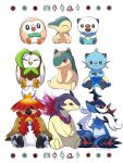  2022 ambiguous_gender anthro beak blue_body brown_body brown_feathers cyndaquil dartrix dewott evolutionary_family eyes_closed feathers feral front_view generation_2_pokemon generation_5_pokemon generation_7_pokemon group hi_res hisuian_decidueye hisuian_form hisuian_samurott hisuian_typhlosion looking_at_viewer nintendo oshawott pokemon pokemon_(species) quilava red_eyes regional_form_(pokemon) rowlet saki_pokeoekaki simple_background sitting smile starter_trio trio white_background white_body white_feathers yellow_body 