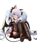  1girl absurdres animal_ears ass asymmetrical_bangs azur_lane black_bow black_choker black_skirt black_thighhighs black_wrist_cuffs blue_eyes blunt_bangs bow breasts cat_ears choker cleavage commentary_request demon_tail demon_wings detached_sleeves eyes_visible_through_hair fake_animal_ears fake_tail fake_wings feet full_body grey_hair hair_bow hair_over_one_eye highres janus_(azur_lane) janus_(fright-night_scaredy-cat)_(azur_lane) knees_up long_hair niballl no_shoes official_alternate_costume puffy_short_sleeves puffy_sleeves see-through short_sleeves sitting skirt small_breasts soles solo swept_bangs tail tearing_up thighhighs thighs toes torn_clothes torn_thighhighs twintails very_long_hair wings wrist_cuffs 