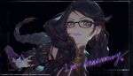  1girl anniversary artist_request bayonetta bayonetta_(series) bayonetta_3 black_background black_hair braid close-up earrings eyeshadow gloves grey_eyes gun handgun highres holding holding_gun holding_weapon jewelry light_smile lipstick long_hair looking_at_viewer makeup multicolored_hair official_art pink_lips red_hair solo streaked_hair twin_braids two-tone_hair very_long_hair weapon white_gloves 