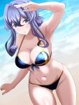  1girl absurdres beach bikini blue_bikini blue_hair breasts cleavage front-tie_bikini_top front-tie_top gotland_(kancolle) hair_bun highres kantai_collection large_breasts long_hair mole mole_under_eye noppo-san ocean sidelocks single_hair_bun solo swimsuit 