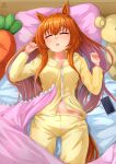  1girl absurdres animal_ears blanket closed_eyes commentary djloops english_commentary highres hood hoodie horse_ears horse_girl horse_tail long_hair lying mayano_top_gun_(umamusume) navel on_back orange_hair pajamas pillow sleeping small_hands solo stuffed_animal stuffed_toy tail teddy_bear umamusume yellow_hoodie yellow_pajamas 