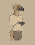  anthro bottomwear claws clothing dinosaur feathers gallimimus green_eyes hi_res looking_at_viewer male ornithomimid reptile scalie sharp_claws shorts simple_background solo sweater tail tan_body theropod topwear zagz 