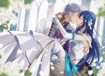  1boy 1girl absurdres arms_around_neck bare_shoulders blue_hair bride carrying closed_eyes commission couple detached_sleeves dress fire_emblem fire_emblem_awakening fire_emblem_heroes flower formal gloves groom hair_flower hair_ornament highres iro_saki kiss long_hair lucina_(fire_emblem) princess_carry robin_(fire_emblem) robin_(male)_(fire_emblem) robin_(male)_(groom)_(fire_emblem) short_hair strapless strapless_dress suit wedding wedding_dress white_dress white_gloves white_hair white_suit 