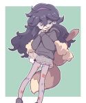  1girl backpack bag big_hair eevee feet_out_of_frame fusion hex_maniac_(pokemon) highres hood hoodie long_hair messy_hair orenji_(wholesomeorenji) own_hands_clasped own_hands_together penny_(pokemon) pokemon pokemon_(game) pokemon_sv pokemon_xy print_pantyhose purple_eyes round_eyewear see-through see-through_skirt simple_background skirt solo very_long_hair 