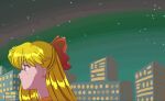  1girl aino_minako bishoujo_senshi_sailor_moon blonde_hair blue_eyes bow choker circlet cityscape earrings hair_bow highres jewelry long_hair orange_choker red_bow sailor_venus smile solo stud_earrings vfwe2535 