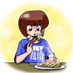  1girl blue_shirt blush bowl breasts brown_eyes brown_hair character_name chopsticks clothes_writing commentary dinner dumpling eating food holding holding_food jiaozi looking_at_object looking_down meal medium_breasts plate raised_eyebrows ranma_1/2 rice shirt short_sleeves sitting solo soy_sauce steam t-shirt table tendou_nabiki upper_body vignetting wanta_(futoshi) yellow_background 