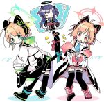  3girls anger_vein angry animal_ear_headphones animal_ears animal_hood black_coat black_footwear black_gloves black_shorts black_skirt black_thighhighs blonde_hair blue_archive blue_bow blue_necktie blush_stickers boots bound bow cat_ear_headphones cat_hood cat_tail chibi chibi_inset coat coat_partially_removed collared_shirt commentary_request fake_animal_ears fake_tail gloves green_coat green_eyes hair_bow halo headphones hood hood_down hooded_coat intertwined_tails long_hair looking_at_another looking_back messy_hair midori_(blue_archive) momoi_(blue_archive) multicolored_coat multiple_girls multiple_hair_bows necktie nervous open_mouth own_hands_clasped own_hands_together pink_coat pink_footwear purple_hair red_bow red_eyes shirt short_hair_with_long_locks shorts siblings simple_background sisters skirt suisei7 suspenders suspenders_slip sweatdrop tail thighhighs tied_up_(nonsexual) toes_up two_side_up tying v-shaped_eyebrows wavy_mouth white_background white_coat white_shirt yuuka_(blue_archive) 