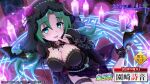  1girl bat_(animal) black_dress black_veil blush breasts candle character_name cleavage dress floral_print flower green_eyes green_hair higurashi_no_naku_koro_ni higurashi_no_naku_koro_ni_mei indoors lace-trimmed_veil lace_trim large_breasts long_hair looking_at_viewer magic_circle official_art purple_flower purple_rose ribbon rose sitting smile solo sonozaki_shion veil witch 