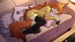 1girl :d animal_ears black_choker black_thighhighs choker commission controller couch fang fox_ears fox_girl fox_tail full_body game_controller gamepad highres long_hair long_sleeves lying nintendo_switch no_pants object_hug on_couch on_side open_mouth orange_hair original paw_print pillow pillow_hug playing_games playstation_symbols purple_eyes shirt smile tail thighhighs tostantan yellow_shirt 