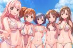  5girls bikini black_hair blush breasts brown_eyes brown_hair cleavage cloud cloudy_sky collarbone glyn070605a highres idolmaster idolmaster_cinderella_girls idolmaster_cinderella_girls_starlight_stage igarashi_kyoko large_breasts long_hair looking_at_viewer medium_breasts mizumoto_yukari multiple_girls navel open_mouth pink_hair saionji_kotoka shiragiku_hotaru short_hair side_ponytail sky small_breasts smile swimsuit takamori_aiko 