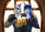  2023 5_fingers alcohol anthro beer beverage black_lips black_nose blue_eyes blue_hair canid canine clothed clothing digital_media_(artwork) eyebrows eyelashes fingers fox fur gaiawolfess grey_body grey_fur hair hi_res lips malakhael male mammal open_mouth smile teeth tongue 
