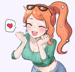  1girl aqua_nails aqua_shirt blush breasts cleavage clenched_hands closed_eyes collarbone eyewear_on_head hair_ornament hands_up heart heart_hair_ornament highres large_breasts midriff navel no_coat orange-tinted_eyewear orange_hair pokemon pokemon_(game) pokemon_swsh ribbed_shirt roly shirt short_sleeves side_ponytail sleeves_past_elbows solo sonia_(pokemon) sunglasses swept_bangs sword_earrings teeth tinted_eyewear upper_teeth_only 