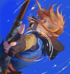  1boy absurdres blue_background blue_eyes blue_tunic bow_(weapon) fingerless_gloves gloves highres holding holding_bow_(weapon) holding_weapon light_brown_hair link mozer_(zerlinda) parted_lips pointy_ears short_hair solo the_legend_of_zelda the_legend_of_zelda:_breath_of_the_wild weapon 