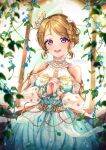  1girl aqua_dress artist_name bare_shoulders blue_flower blurry braid brown_hair butterfly_hair_ornament collar commentary depth_of_field dress flower gold_trim hair_flower hair_ornament hairclip happy highres koizumi_hanayo kuriidono looking_at_viewer love_live! love_live!_school_idol_festival_all_stars love_live!_school_idol_project official_alternate_costume open_mouth own_hands_clasped own_hands_together plant purple_eyes see-through see-through_sleeves short_hair sidelocks single_bang single_braid solo swept_bangs teeth upper_teeth_only vines white_collar window 