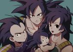  1girl 3boys bardock black_eyes black_hair brothers closed_mouth dragon_ball father_and_son gine highres husband_and_wife mother_and_son multiple_boys no_alert2038 open_mouth raditz scar siblings simple_background son_goku 