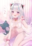 admi_(nikke) ahoge animal_ears bare_legs bare_shoulders barefoot bell blue_hair blush bra breasts cat_cutout cat_ear_panties cat_ears cat_girl cat_lingerie cat_tail choker cleavage_cutout clothing_cutout collarbone commentary_request frilled_bra frills goddess_of_victory:_nikke grey_hair gucchiann hand_up highres jingle_bell looking_at_viewer medium_breasts meme_attire multicolored_hair neck_bell open_mouth panties paw_pose purple_eyes red_choker side-tie_panties sitting streaked_hair stuffed_animal stuffed_cat stuffed_toy tail translation_request underwear underwear_only wariza white_bra white_panties 