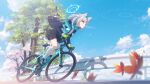  1girl absurdres animal_ears arukiru bicycle blue_archive blue_eyes cherry_blossoms closed_mouth day extra_ears grey_hair guard_rail highres incredibly_absurdres leaf maple_leaf medium_hair outdoors riding riding_bicycle shiroko_(blue_archive) solo tree wolf_ears 
