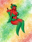  apple apple_mortar_(pvz) black_eyes breasts electronic_arts elemental_creature elemental_humanoid female flora_fauna food fruit gradient_background green_hair hair hi_res humanoid looking_at_viewer not_furry plant plants_vs._zombies popcap_games red_body simple_background solo 