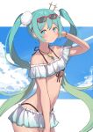  1girl absurdres aqua_eyes aqua_hair bead_bracelet beads bikini bikini_skirt black_bikini blue_sky bracelet breasts brooch closed_mouth cloud cowboy_shot eyewear_on_head front-tie_bikini_top front-tie_top gradient_hair green_hair halterneck hand_up hatsune_miku highleg highleg_bikini highres jewelry long_hair looking_at_viewer multicolored_hair necklace racing_miku racing_miku_(2018) shiratakiseaice sky small_breasts solo standing string_bikini sunglasses swimsuit twintails very_long_hair vocaloid 