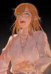  1boy blue_eyes blush collarbone d: earrings gradient_background grey_background grey_shirt hair_between_eyes highres jewelry link long_sleeves open_mouth pointy_ears psp26958748 shirt sweatdrop the_legend_of_zelda the_legend_of_zelda:_breath_of_the_wild upper_body 