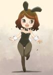  1girl :d animal_crossing animal_ears ass_visible_through_thighs bare_shoulders black_bow black_bowtie black_footwear black_hairband black_leotard bow bowtie breasts brown_hair cleavage detached_collar eyelashes fake_animal_ears grey_eyes grey_pantyhose hairband highres leg_up leotard looking_to_the_side medium_breasts muramasa_mikado open_mouth pantyhose playboy_bunny rabbit_ears rabbit_tail shadow shoes short_hair smile solo standing standing_on_one_leg strapless strapless_leotard swept_bangs tail thigh_gap villager_(animal_crossing) white_wrist_cuffs wrist_cuffs 