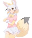  1girl :3 absurdres animal_ears blonde_hair blush bow bowtie brown_eyes cowboy_shot elbow_gloves extra_ears fang fennec_(kemono_friends) fox_ears fox_girl fox_tail fur_trim gloves hand_in_own_hair highres kemono_friends looking_at_viewer nyaseiru open_mouth pink_sweater pleated_skirt puffy_short_sleeves puffy_sleeves scarf short_hair short_sleeves skirt smile solo sweater tail thighhighs two-tone_gloves white_gloves white_hair white_scarf white_skirt yellow_bow yellow_bowtie yellow_gloves yellow_thighhighs zettai_ryouiki 