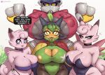  2023 anthro artist_name big_breasts blush breasts clefable clefairy dialogue digital_media_(artwork) english_text eyebrows eyelashes female future_pokemon gammainks generation_1_pokemon generation_9_pokemon group hi_res huge_breasts iron_hands looking_at_viewer nintendo ogerpon paradox_pokemon pokemon pokemon_(species) teal_mask_ogerpon text tongue tongue_out 