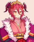  1girl absurdres blush dragalia_lost fang flower fur_trim hair_between_eyes hair_flower hair_ornament highres japanese_clothes kimono long_bangs looking_at_viewer mym_(dragalia_lost) nurufufufu official_alternate_costume red_flower red_hair skin_fang smile solo upper_body yellow_eyes 